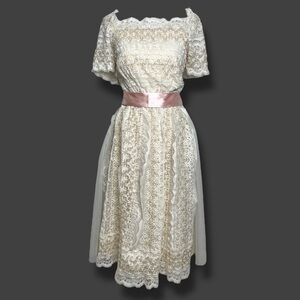 Vintage Lillie Rubin Ivory Lace Dress Sequin Square Neck  Fit Flare Bridal